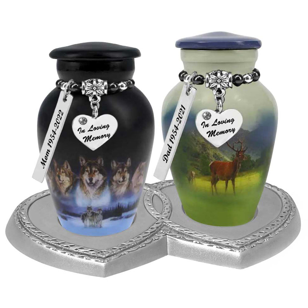 Double Heart Pewter Memorial Stand - For 2 Mini Urns