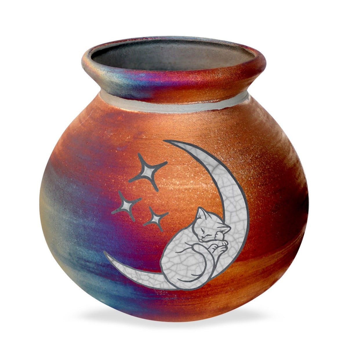Sleeping Cat On The Moon Raku Urn - Hand Made Pet Urn