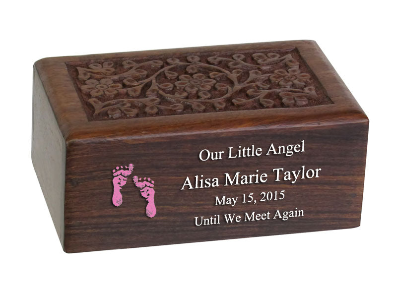 New Born Baby Girl Wood Floral Urn