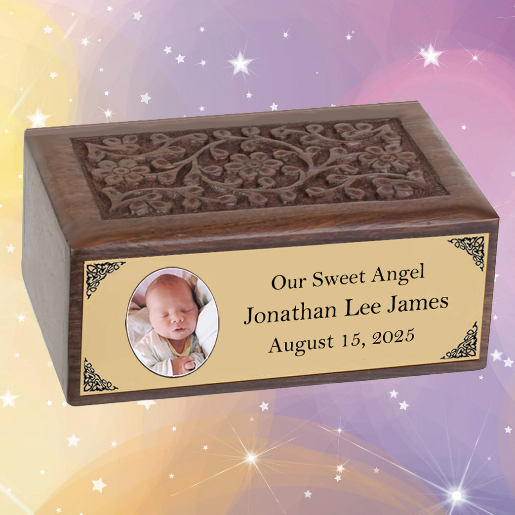 Infant Photo Gold Plate Floral Wood Urn - Free Photo & Engraving