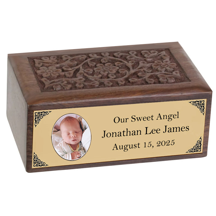 Infant Photo Gold Plate Floral Wood Urn - Free Engraving - Lifetime Guarantee - Fast Shipping