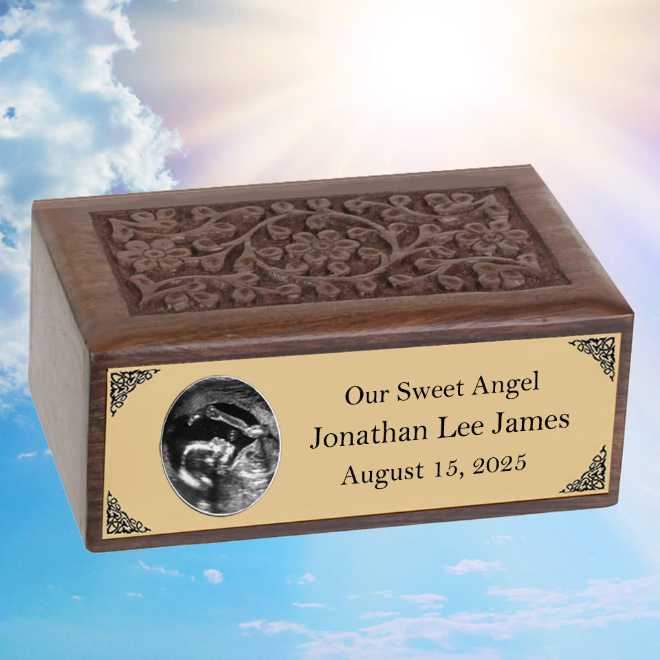 Ultra Sound Photo Gold Plate Floral Wood Urn - Free Photo & Engraving