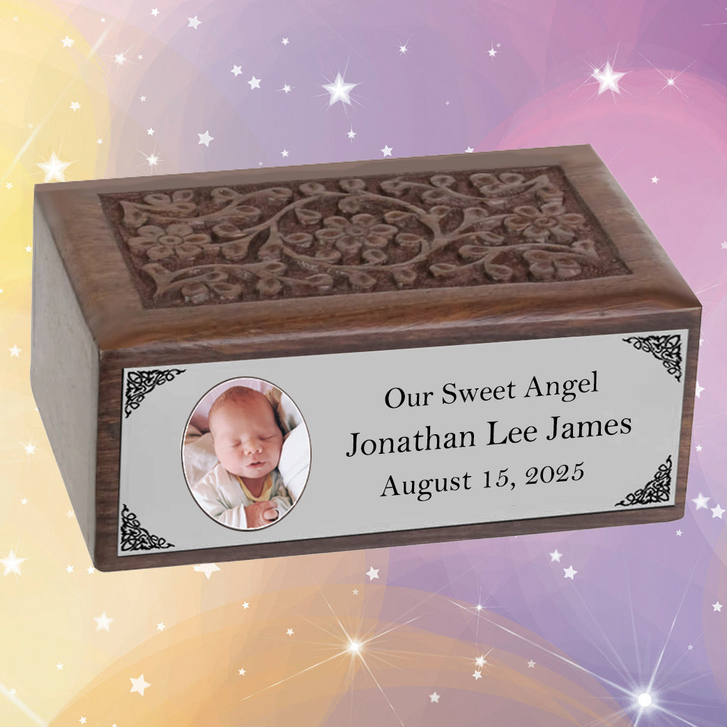 Infant Photo Pewter Plate Floral Wood Urn - Free Photo & Engraving