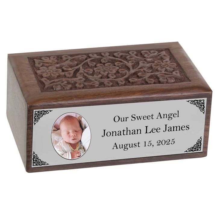 Infant Photo Pewter Plate Floral Wood Urn - Free Photo & Engraving