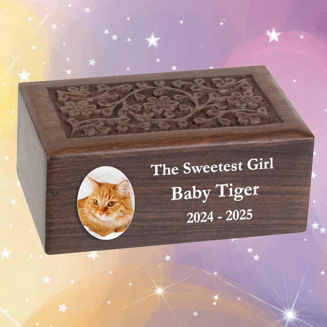 Small Pet or Cat Photo Floral Wood Urn - Free Engraving