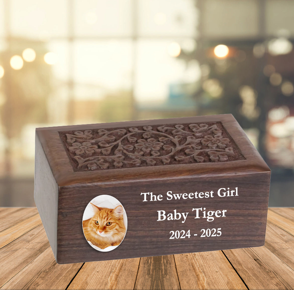 Small Pet or Cat Photo Floral Wood Urn - Free Engraving