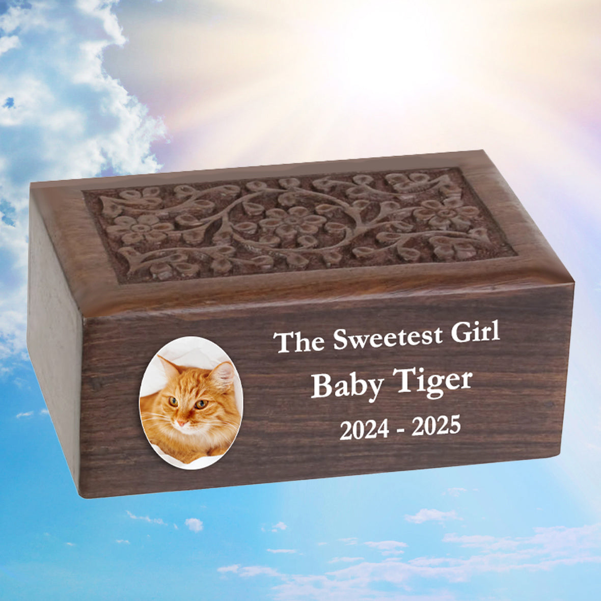 Small Pet or Cat Photo Floral Wood Urn - Free Personalization