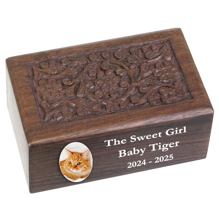 Small Pet or Cat Photo Floral Wood Urn - Free Engraving