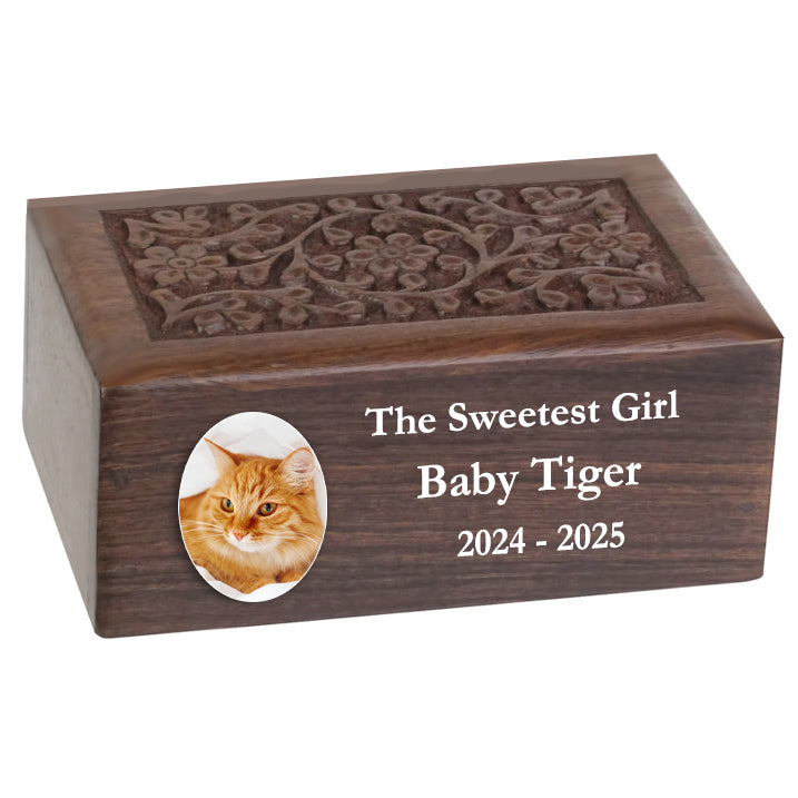 Small Pet or Cat Photo Floral Wood Urn - Free Engraving