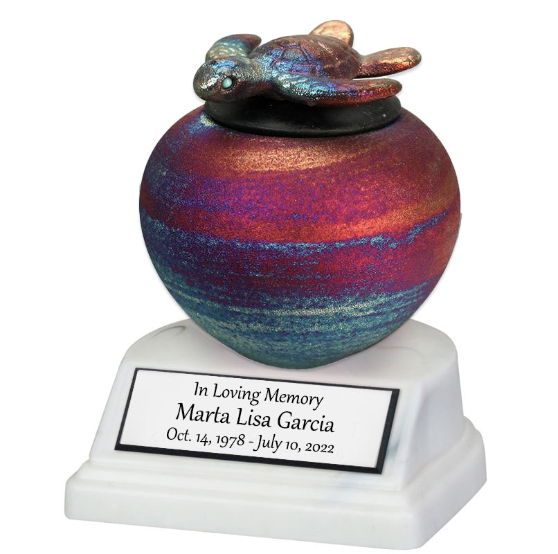 Raku Sea Turtle Mini Urn & Engraved Stand