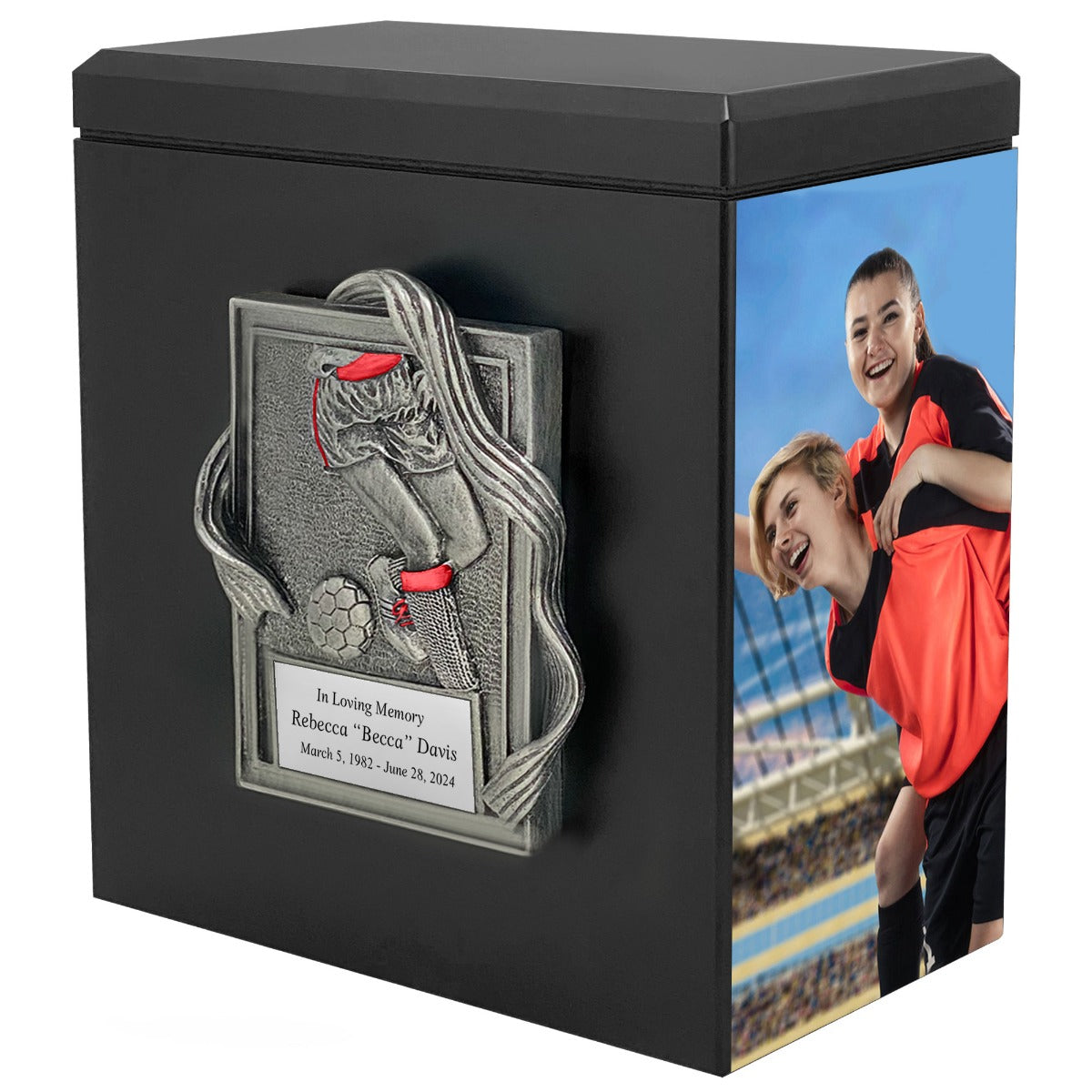 Soccer Photo Urn - 2 Photo Options - Customizable Colors - Free Engraved Plate - Quality Craftsmanship