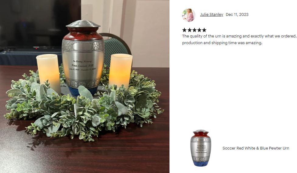 Soccer Red White & Blue Pewter Urn - Pro Diamond Engraving