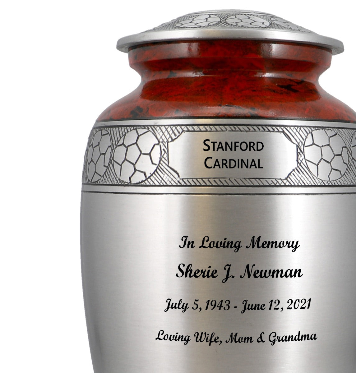 Soccer Red White & Blue Pewter Urn - Pro Diamond Engraving