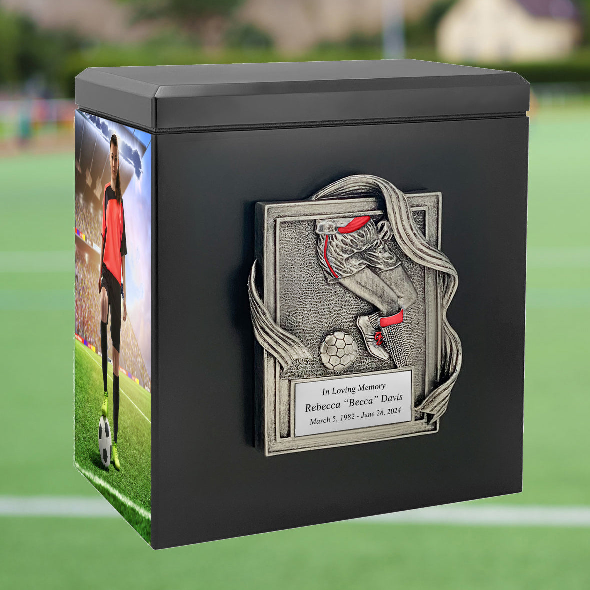 Soccer Photo Urn - 2 Photo Options - Customizable Colors - Free Engraved Plate - Quality Craftsmanship
