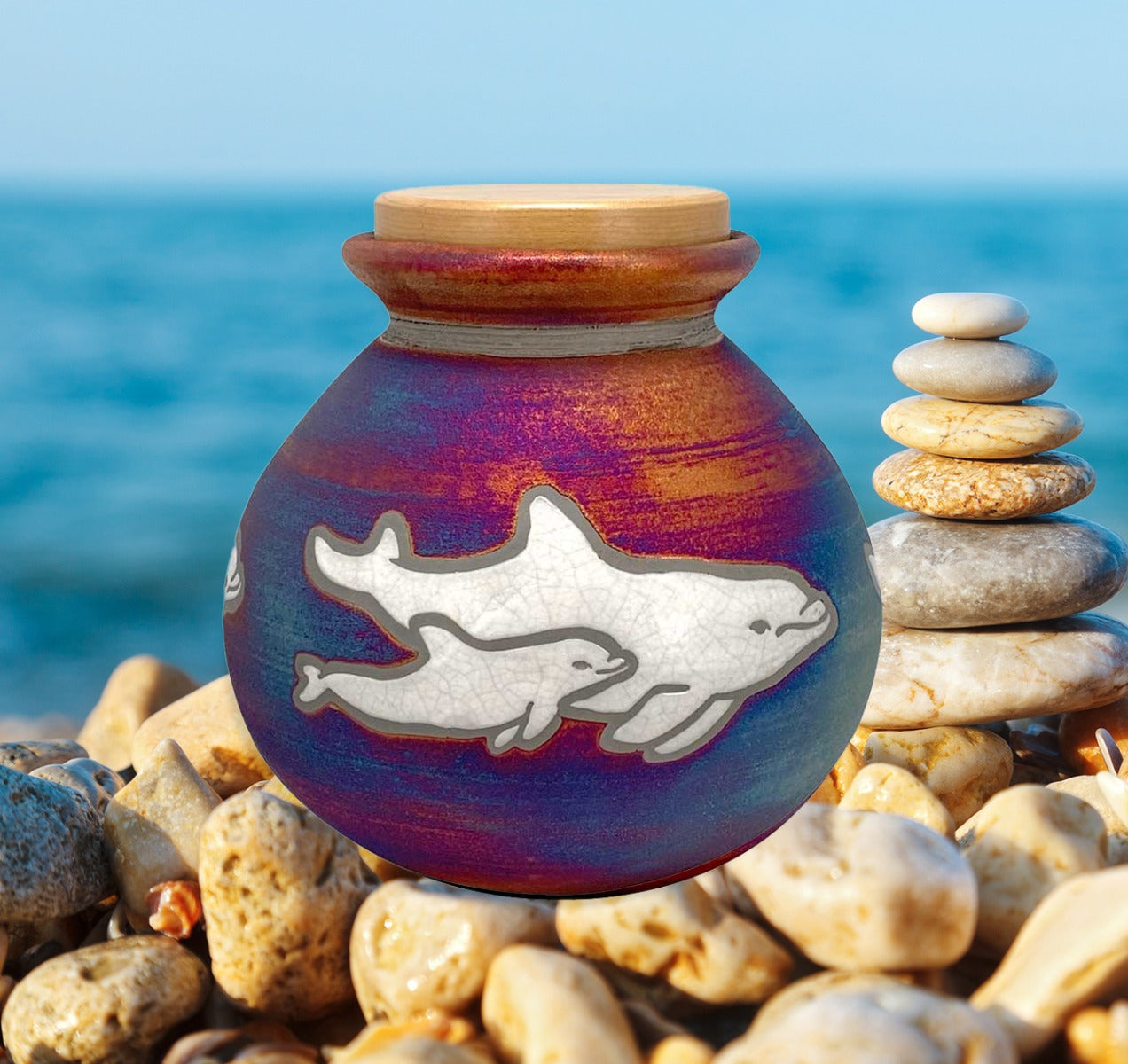 Spirit Dolphins Raku Cremation Adult or Medium Urn - Personalization Option