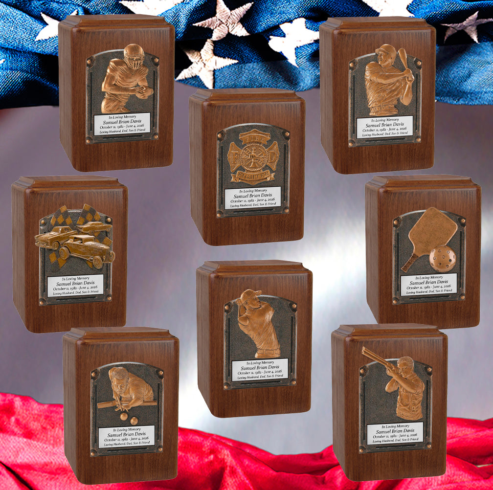 Major Sports & Fire Fighter Plaque Adult Wood Cremation Urns - Free Engraving