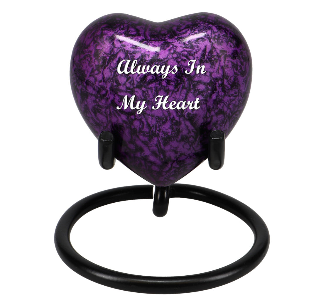 Purple Marbled Heart Keepsake Urn - Stand Option