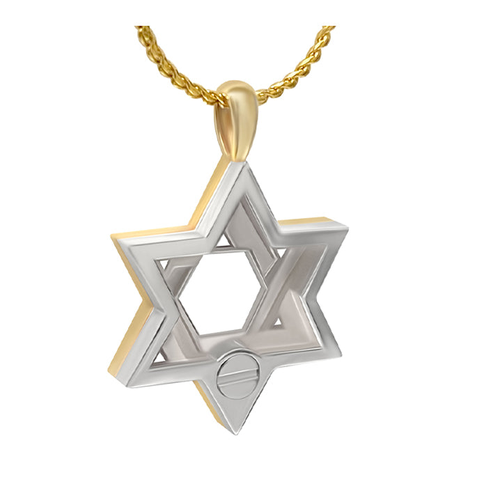 Jewish Star of David White & Yellow 14KT Gold Cremation Jewelry Urn - SHIPS NOW