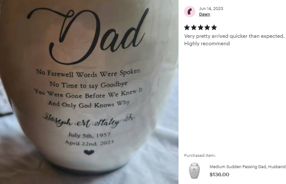 Medium Sudden Passing Dad, Husband, Grandpa & More Cremation Urn - Pro Laser Engraving