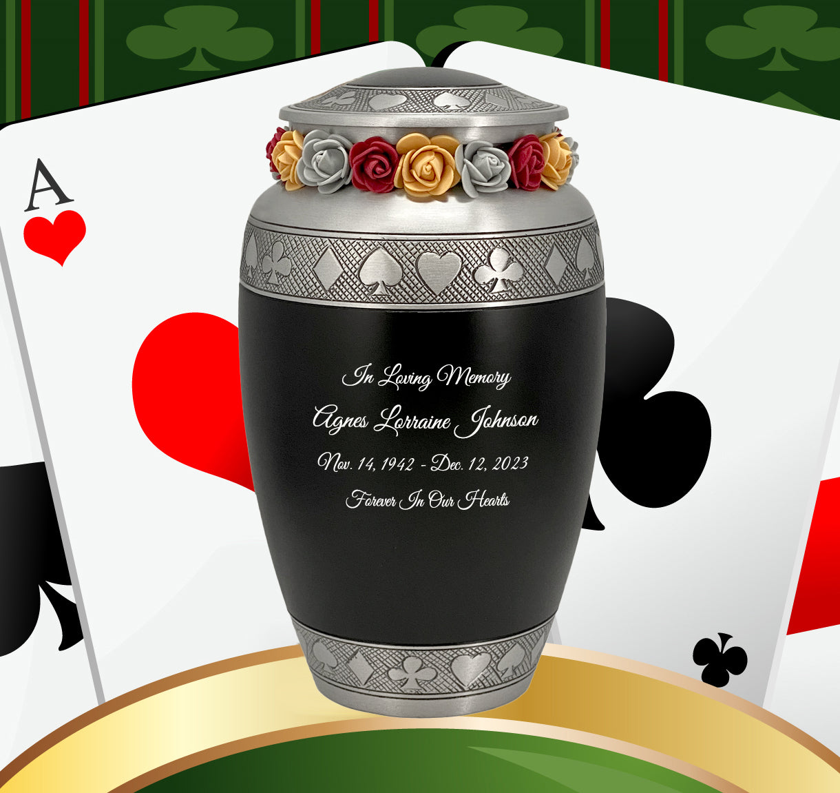 Suits of the Cards Black Cremation Urn - Poker Adult Urn - Tribute Wreath™ - Pro Diamond Engraving