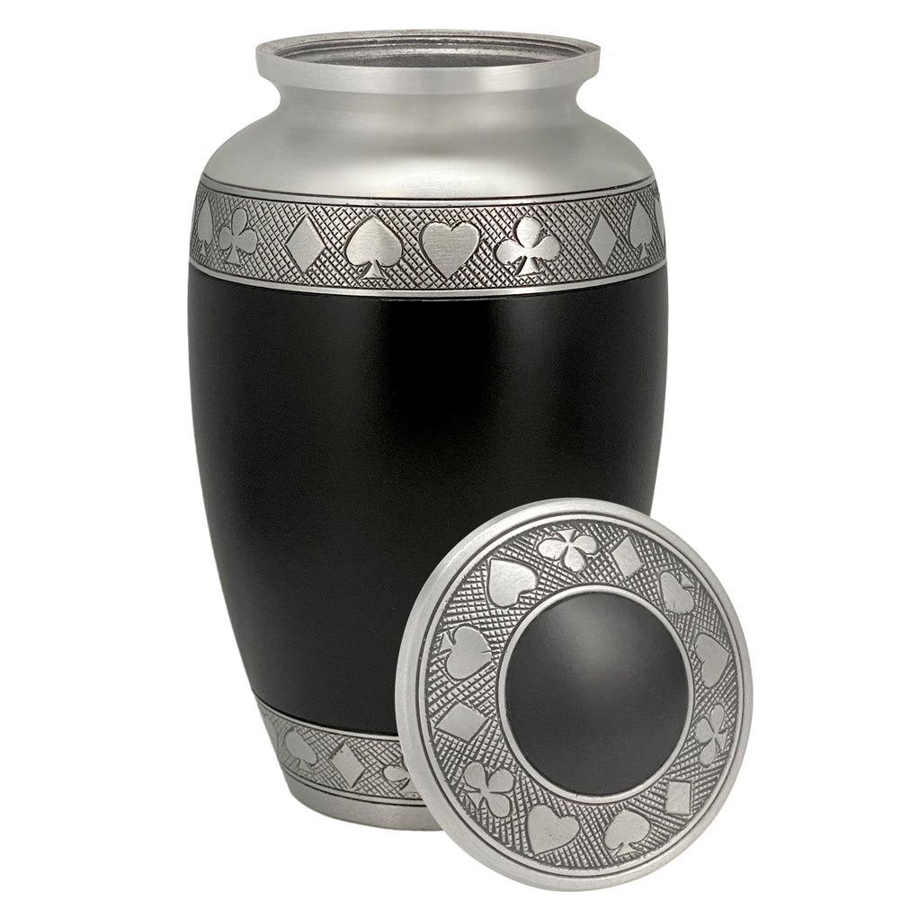 Suits of the Cards Black Cremation Urn - Poker Adult Urn - Tribute Wreath™ - Pro Diamond Engraving