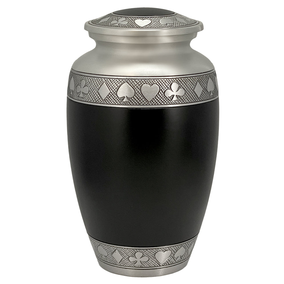 Suits of the Cards Black Cremation Urn - Poker Adult Urn - Tribute Wreath™ - Pro Diamond Engraving