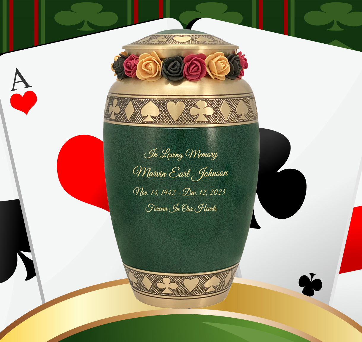 Suits of the Cards Green Cremation Urn - Poker Adult Urn - Tribute Wreath™ - Pro Diamond Engraving