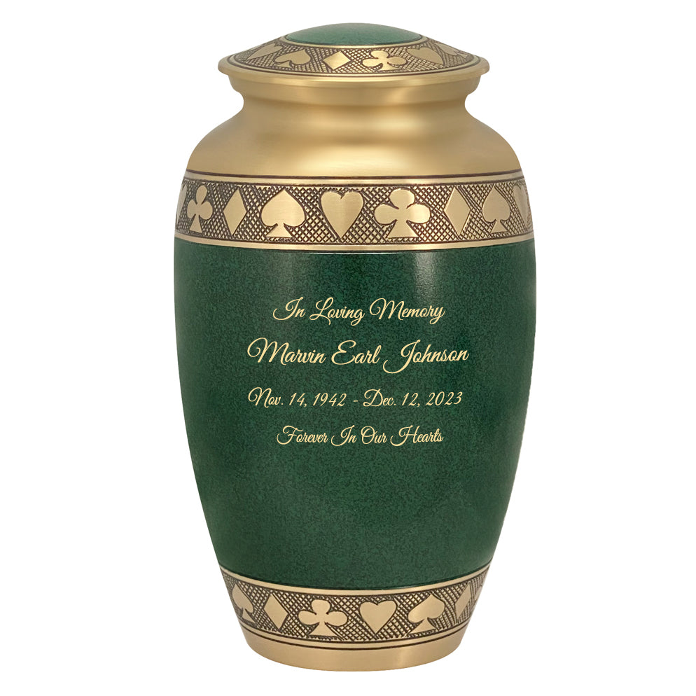 Suits of the Cards Green Cremation Urn - Poker Adult Urn - Tribute Wreath™ - Pro Diamond Engraving
