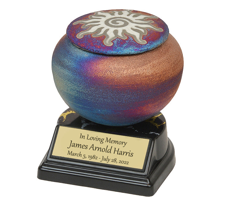Raku 14 Variety Keepsake Urn & Engraved Stand 