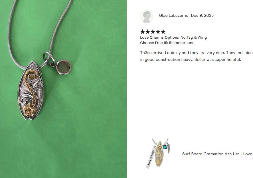 Surf Board Cremation Ash Urn - Love Charms™ Option