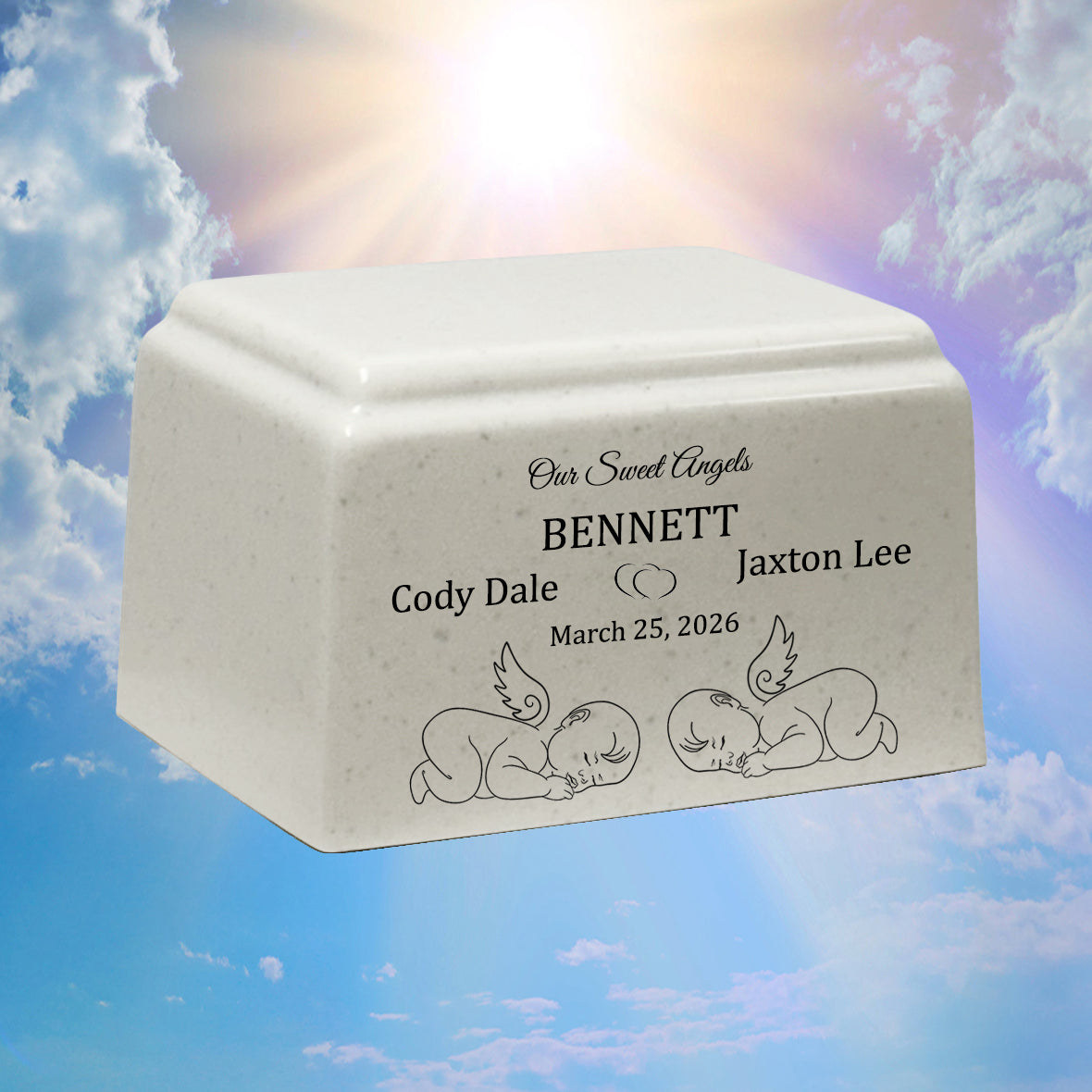 Sweet Angel Twins Cultured Marble Cream Baby Urn - Free Engraving