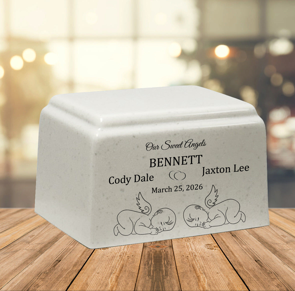 Sweet Angel Twins Cultured Marble Cream Baby Urn - Free Engraving