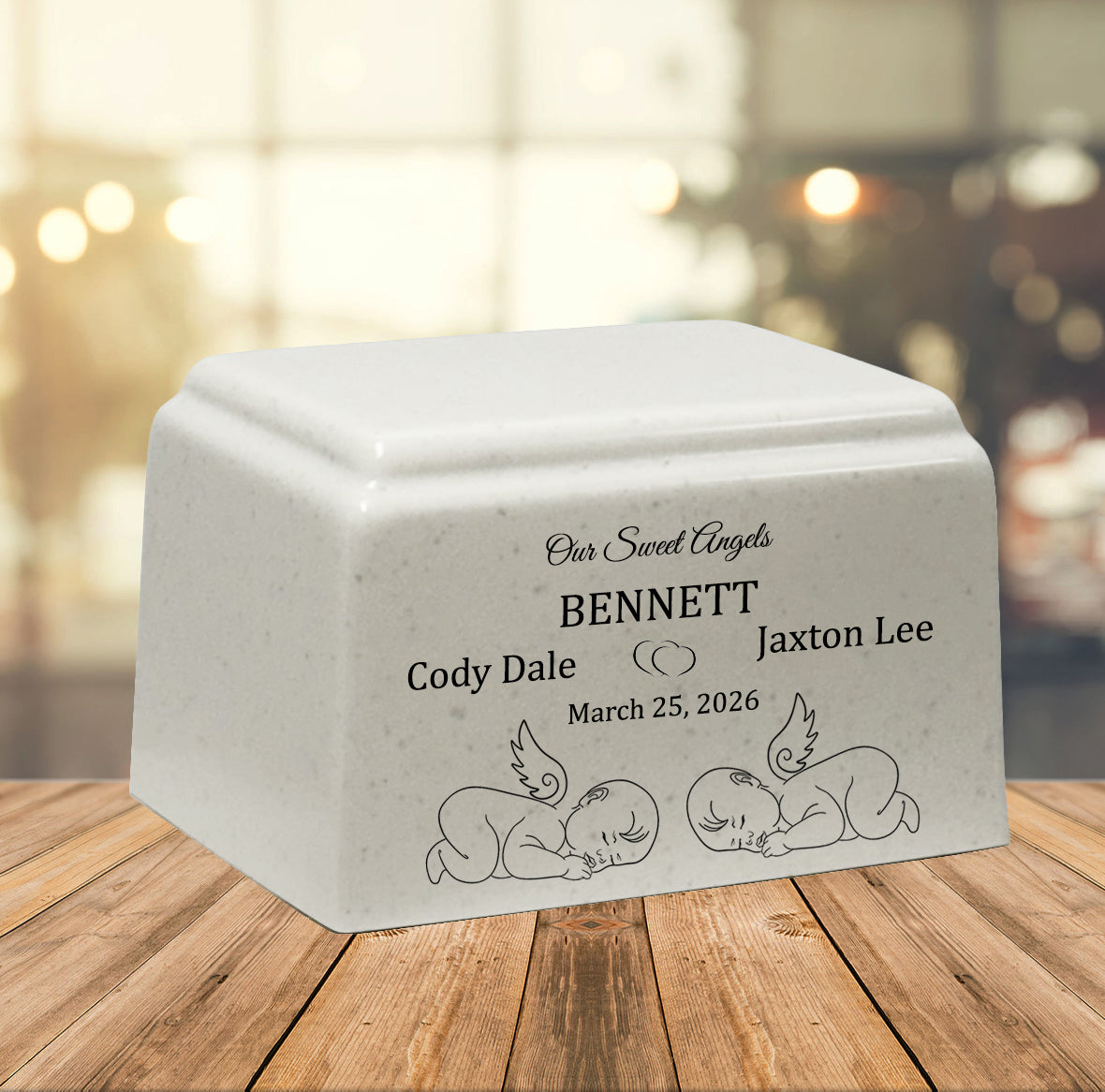Sweet Angel Twins Cultured Marble Cream Baby Urn - Free Engraving