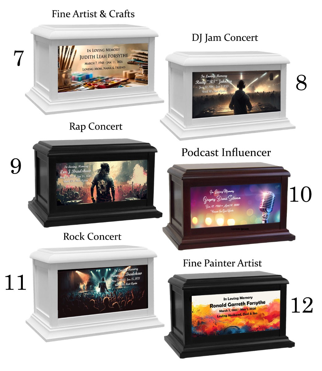 The Arts, Music, Painting, Podcaster & Weed Adult or Medium Wood Keep The Memory® Cremation Urn 