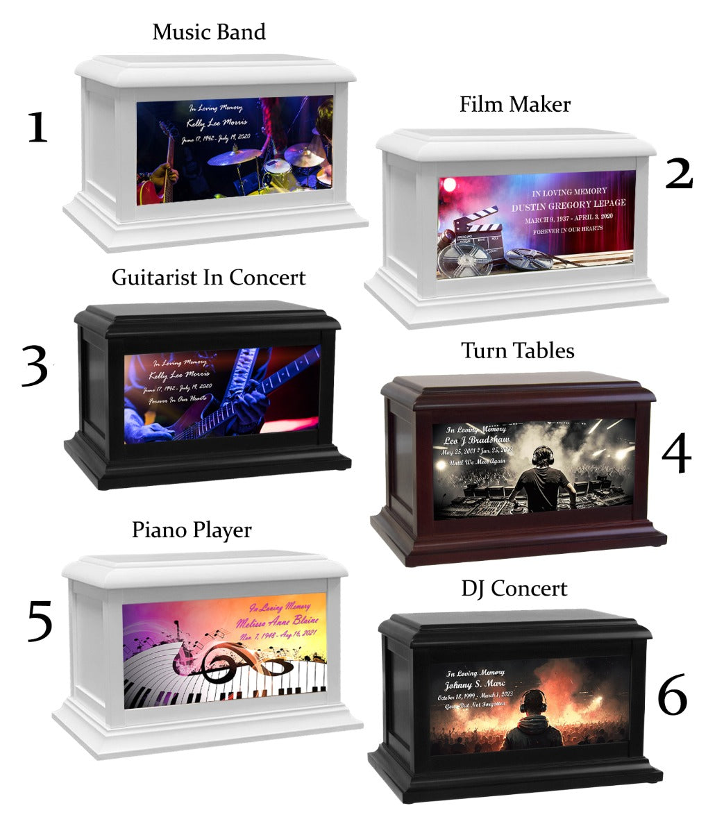 The Arts, Music, Painting, Podcaster & Weed Adult or Medium Wood Keep The Memory® Cremation Urn 