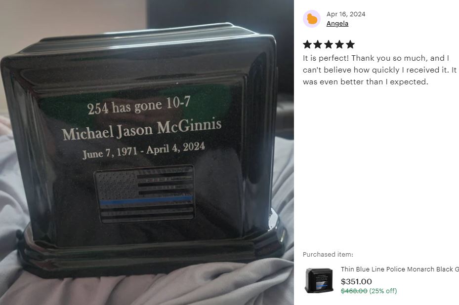 Thin Blue Line Police Monarch Black Granite Adult Cremation Urn