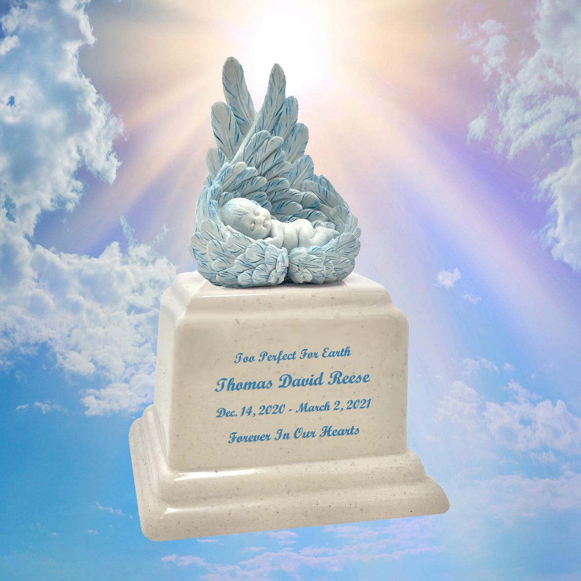 Too Perfect For Earth Blue Cultured Marble Baby Urn - Handmade USA Urn