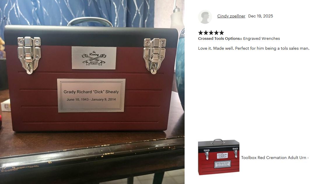Toolbox Red Adult Cremation Urn -  Free Crossed Wrenches or Hammers Plate
