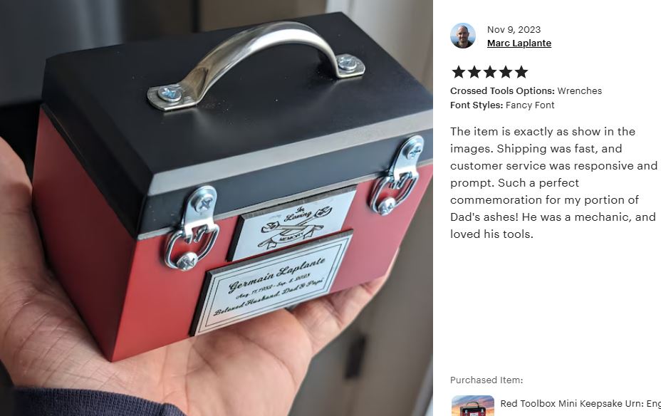 Toolbox Red Keepsake Urn -  Free Crossed Wrenches or Hammers Plate 