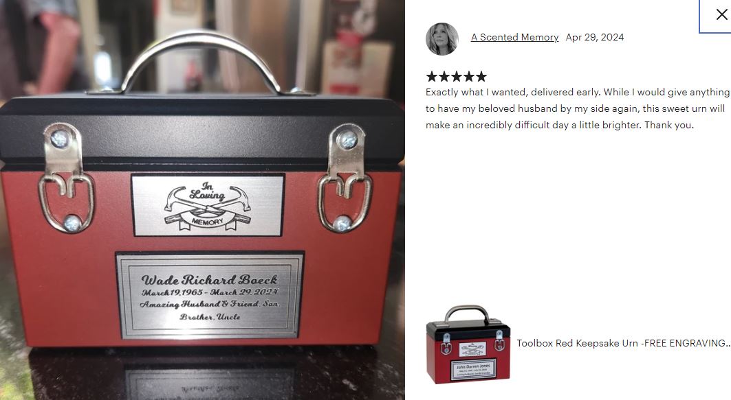 Toolbox Red Keepsake Urn -  Free Crossed Wrenches or Hammers Plate 