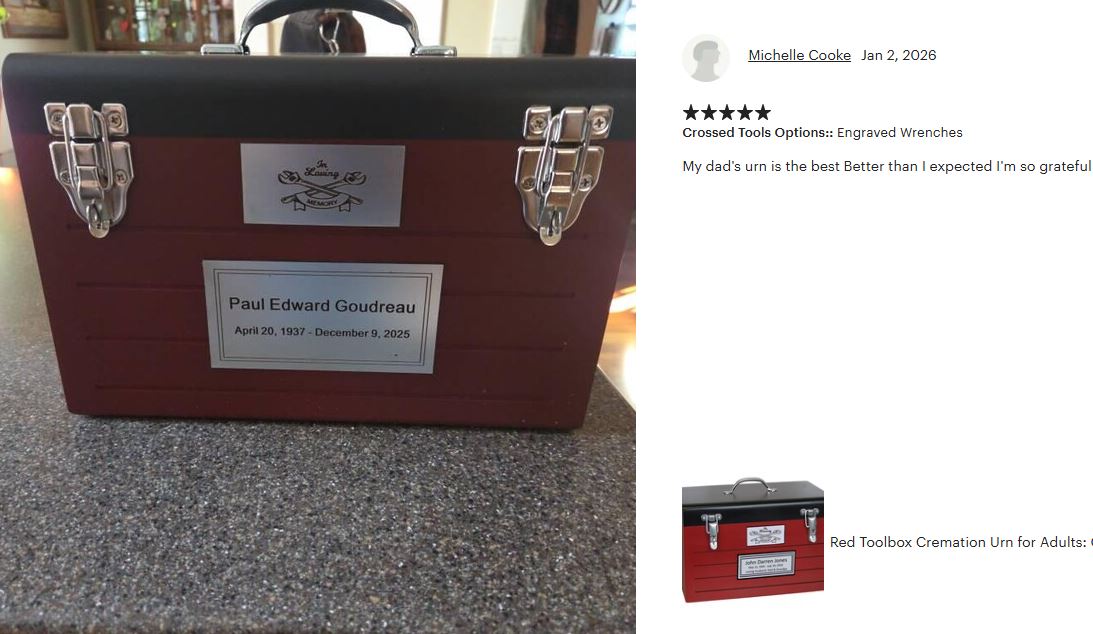 Toolbox Red Adult Cremation Urn -  Free Crossed Wrenches or Hammers Plate