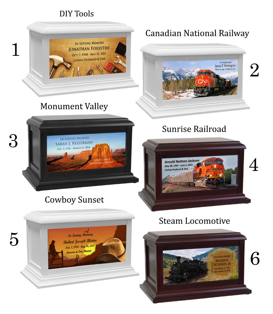 Trains, Farming, Cowboys, Animals, Natural Parks Adult or Medium Wood Keep The Memory® Cremation Urn