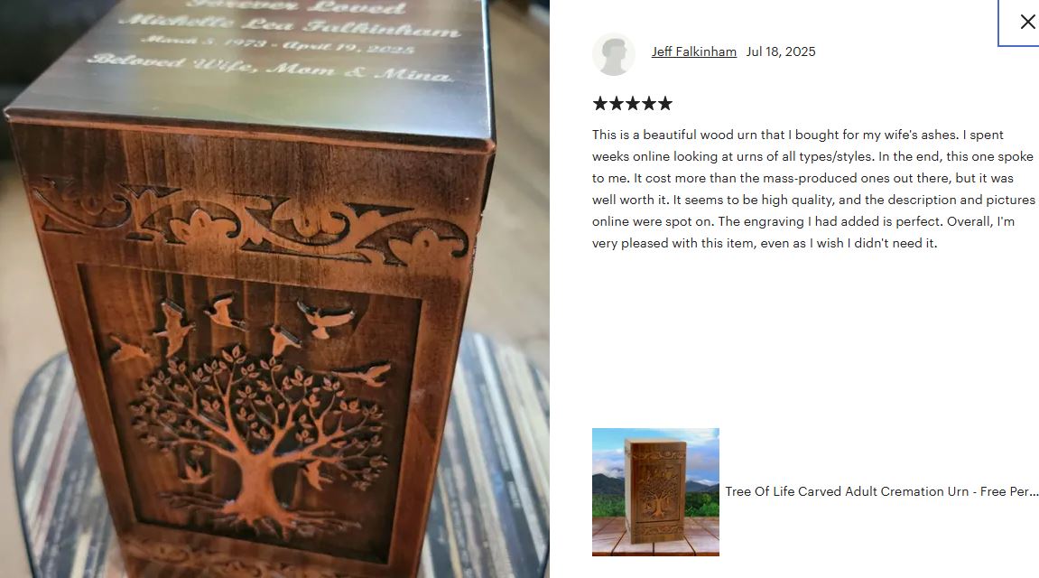 Tree Of Life Carved Adult Cremation Urn - Free Engraving - Free Shipping