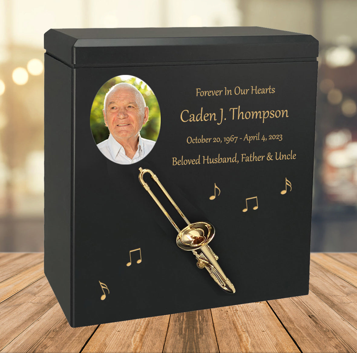 Trombone Wood Adult Cremation Urn - Miniature Trombone - Photo Option