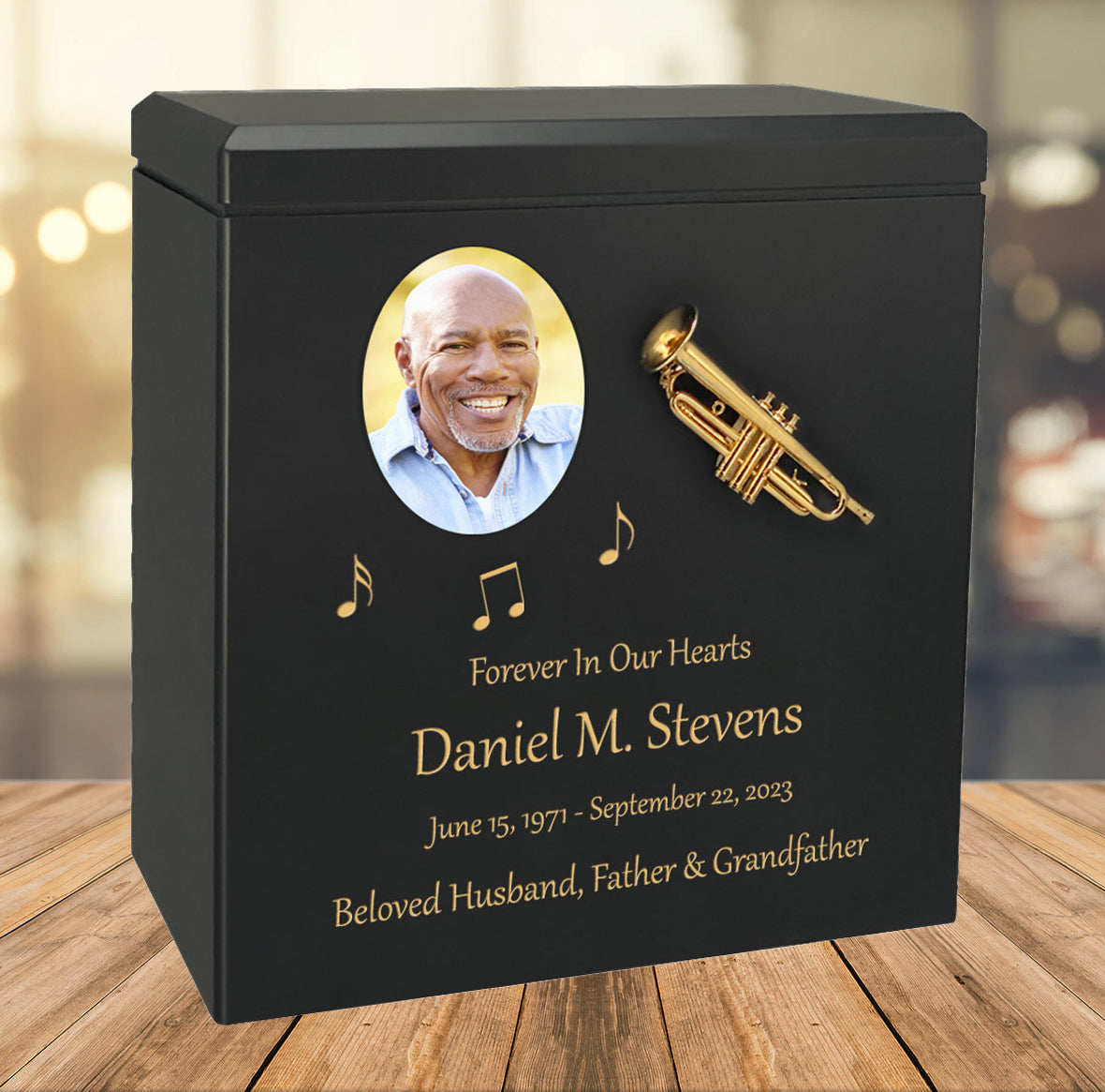Trumpet Wood Adult Cremation Urn - Miniature Trumpet - Photo Option