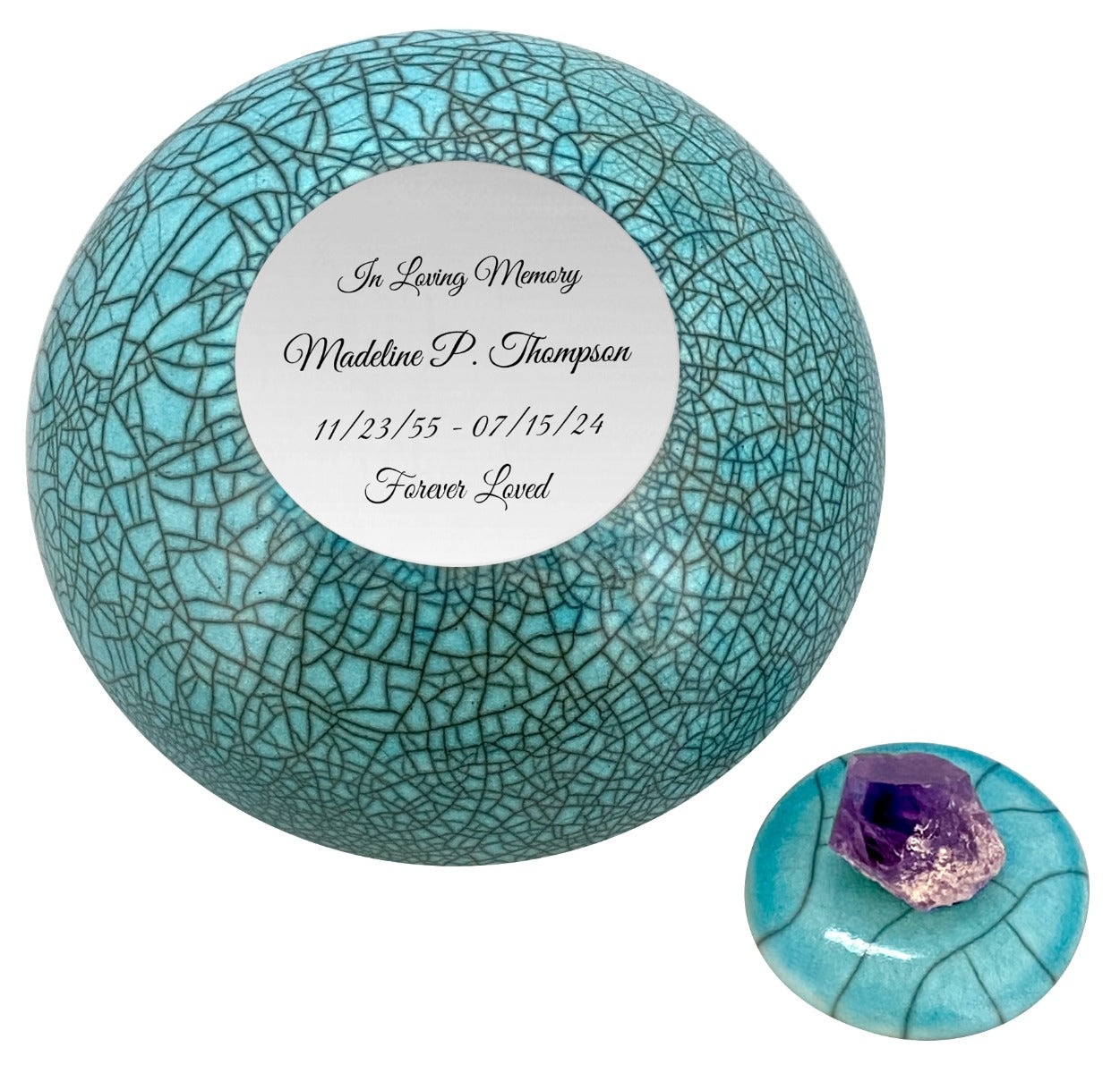 Peace & Love Turquoise Purple Crystal Raku Cremation Adult or Mini Urn - Personalization Option