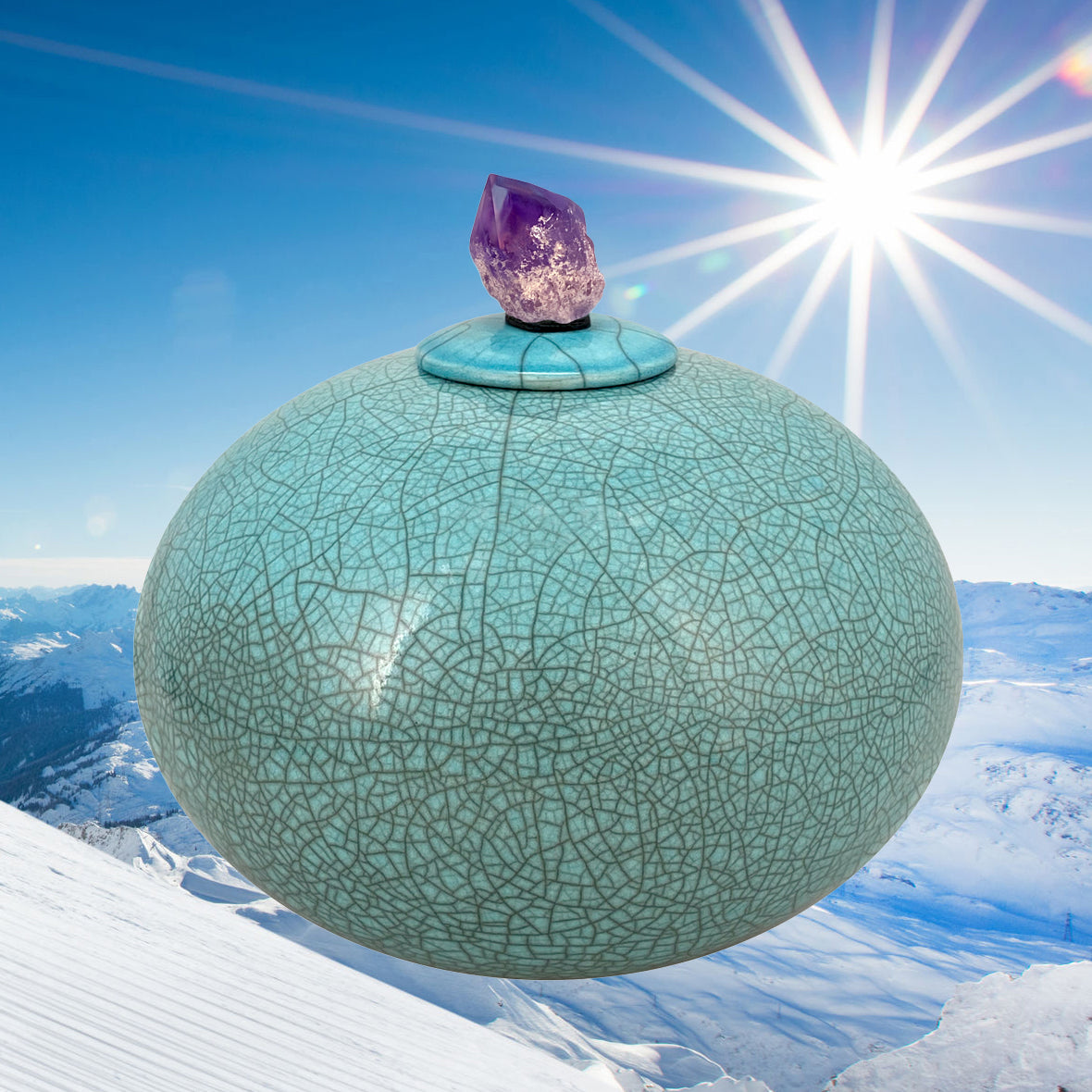 Peace & Love Turquoise Purple Crystal Raku Cremation Adult or Mini Urn - Personalization Option