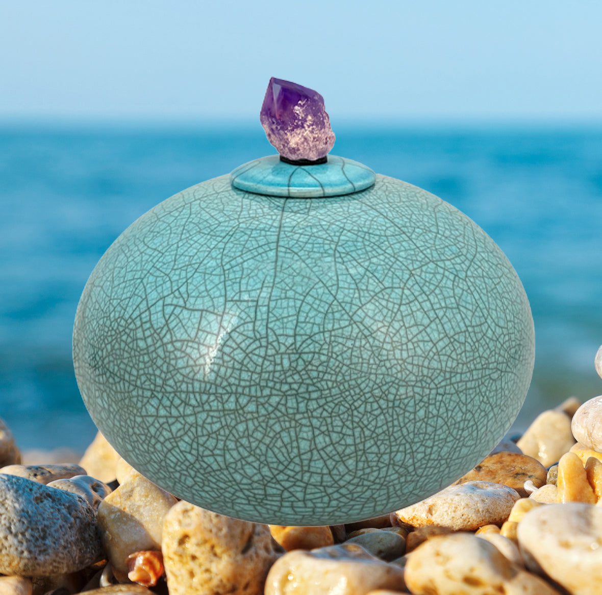 Peace & Love Turquoise Purple Crystal Raku Cremation Adult or Mini Urn - Personalization Option