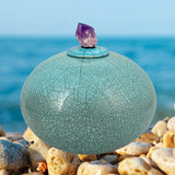 Peace & Love Turquoise Purple Crystal Raku Cremation Adult or Mini Urn - Personalization Option