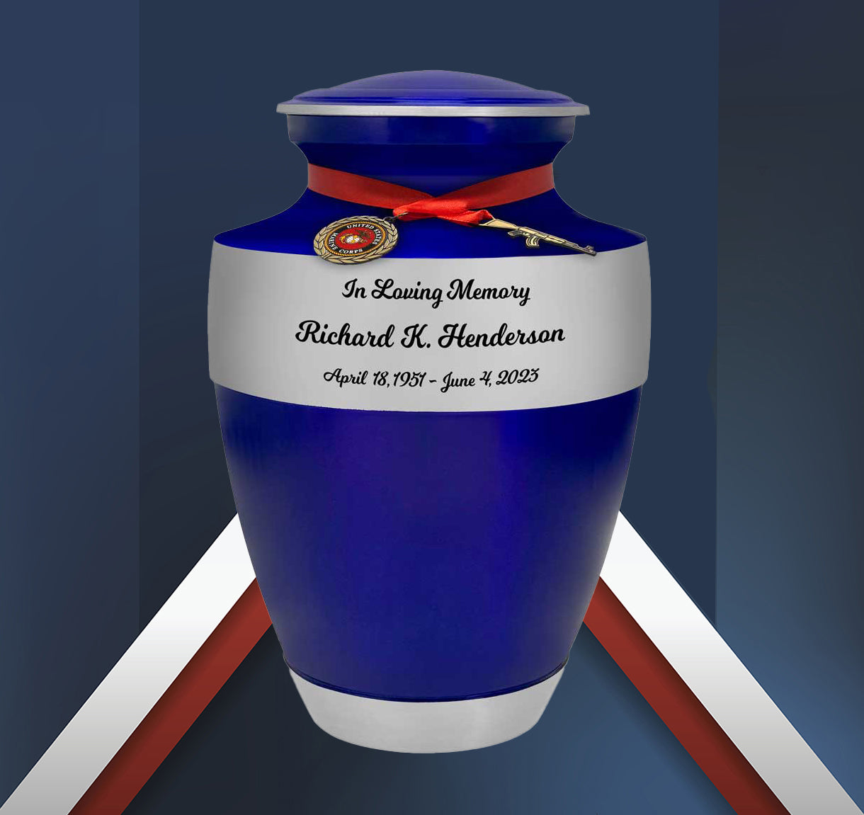 US Marine Corps Blue Master Rifle Cremation Urn - Adult Military Marine Rifle Urn - Pro Diamond Engraving